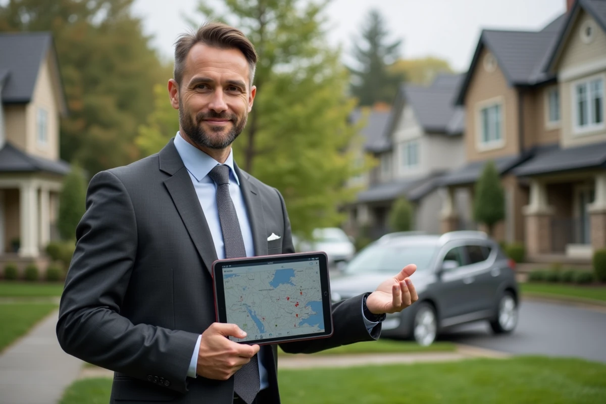 Agent immobilier homme avec tablette numérique devant une maison lors d'une prospection de terrain