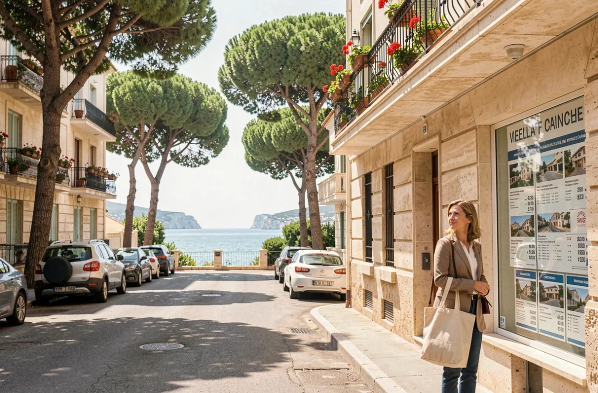 Femme devant une agence immobilière dans les quartiers sud de Marseille avec vue sur les Calanques