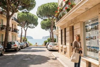 Femme devant une agence immobilière dans les quartiers sud de Marseille avec vue sur les Calanques