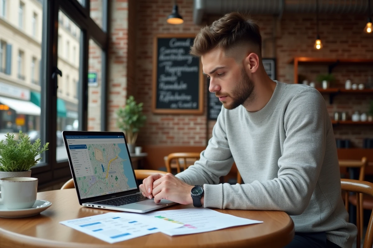 Jeune homme analysant une carte des quartiers de Metz dans un café pour un projet d'achat immobilier