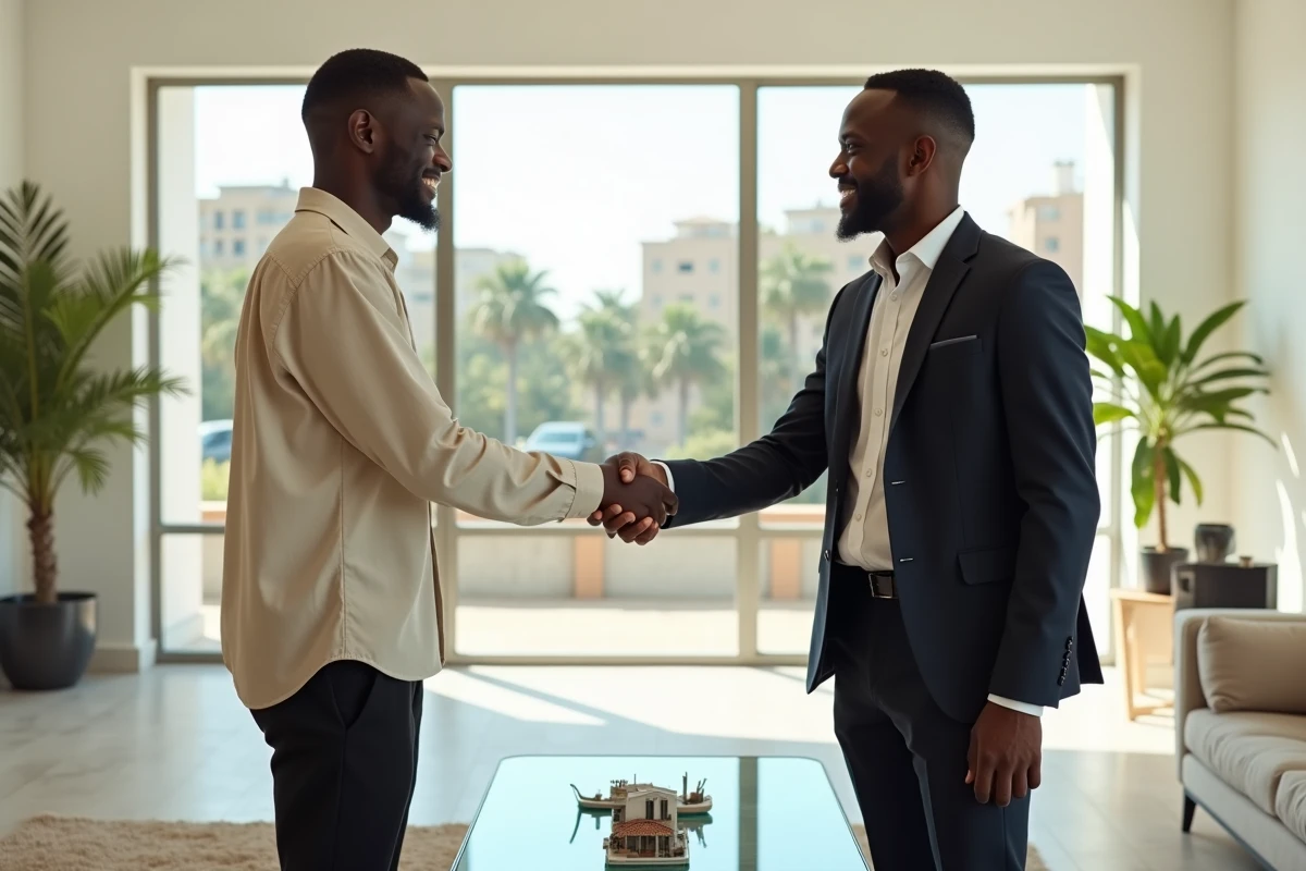 Jeune acheteur sénégalais serrant la main d'un agent immobilier lors de la remise des clés d'un appartement à Dakar