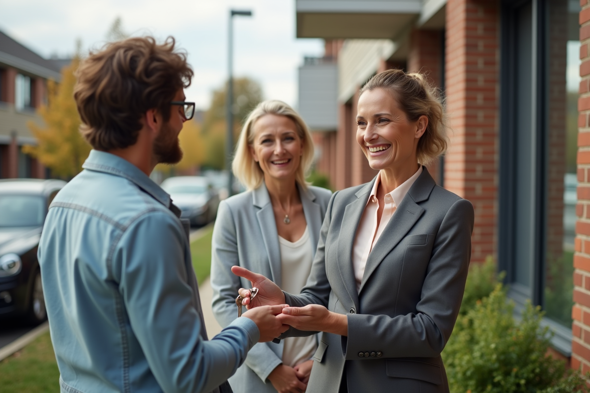 Agent immobilier remettant des clés à un couple devant un bâtiment
