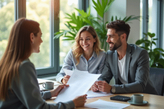 Jeune couple rencontrant un conseiller bancaire dans un bureau lumineux