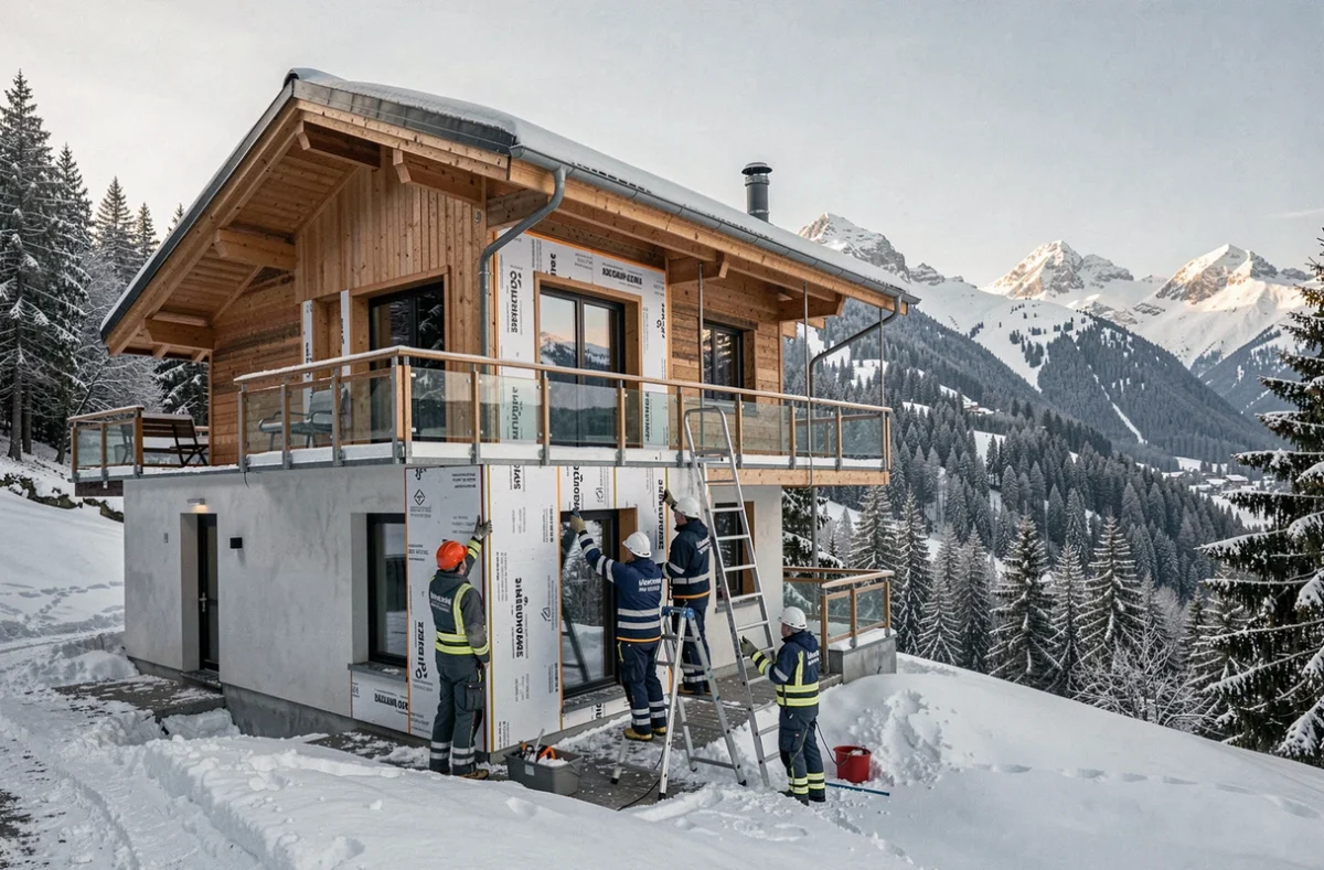 Équipe de rénovation énergétique inspectant l'isolation extérieure d'un chalet alpin en Haute-Savoie avec des montagnes enneigées en arrière-plan