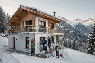 Équipe de rénovation énergétique inspectant l'isolation extérieure d'un chalet alpin en Haute-Savoie avec des montagnes enneigées en arrière-plan