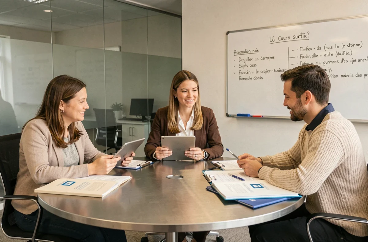 Réunion de copropriétaires autour d'une table dans un bureau de syndic pour préparer une assemblée générale avec tablettes et documents