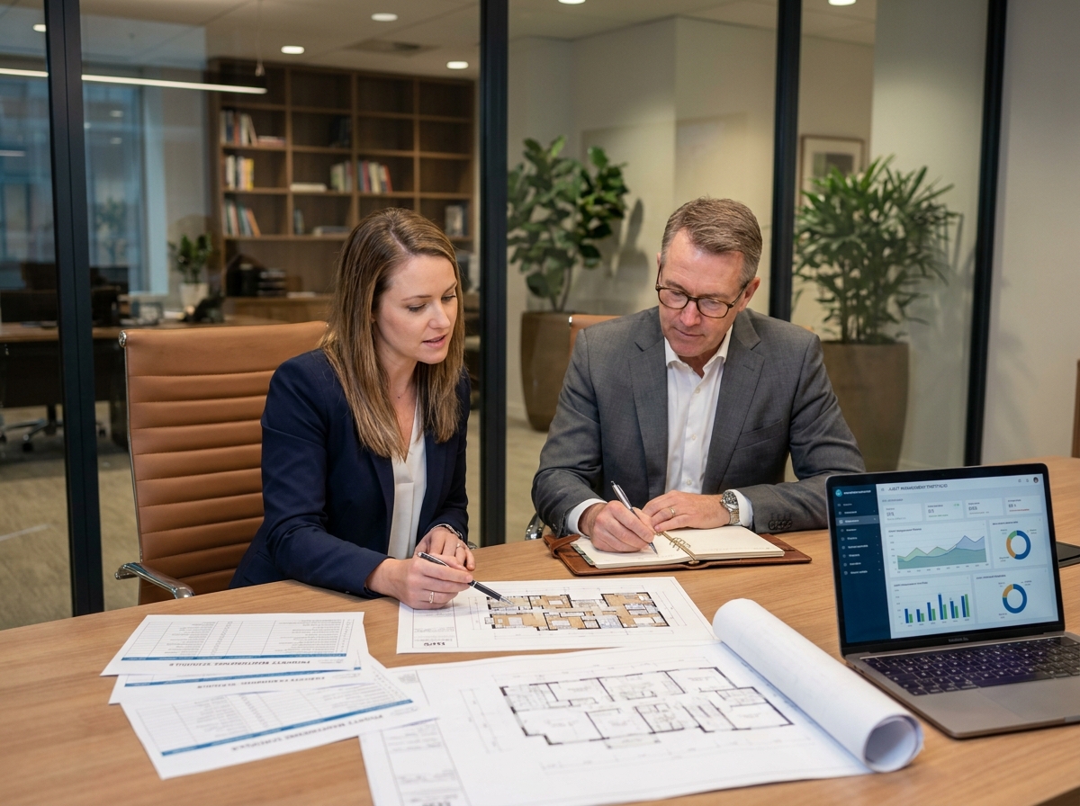 Deux professionnels de l'immobilier en réunion autour de plans techniques et d'un tableau de bord de gestion d'actifs