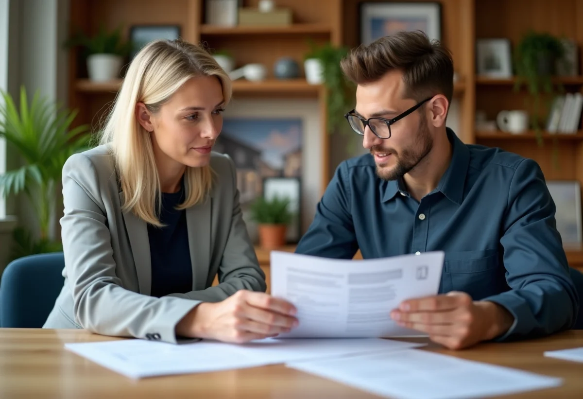 Femme d'affaires discutant avec un jeune homme dans un bureau moderne