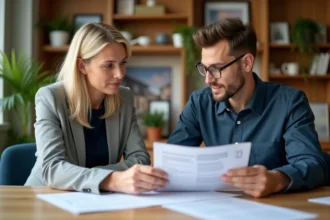 Femme d'affaires discutant avec un jeune homme dans un bureau moderne