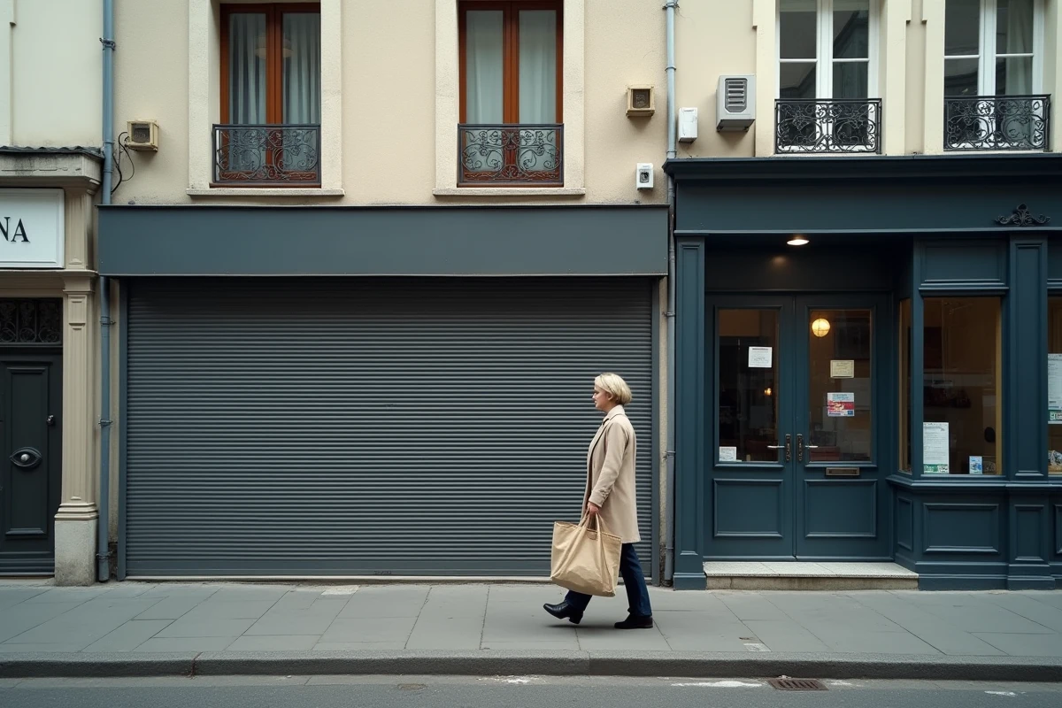 Rue commerçante d'une ville moyenne française avec commerces fermés et appartements vacants en étage, symbolisant la vacance immobilière urbaine et ses conséquences fiscales