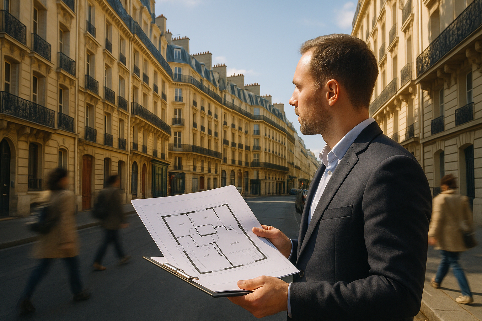 Rue parisienne avec bâtiments haussmanniens et professionnel avec plans