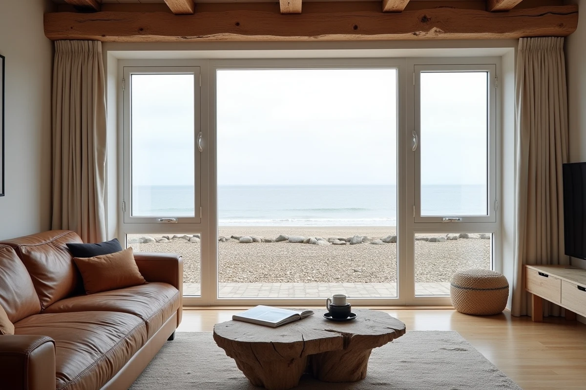 Salon avec vue mer panoramique depuis une maison normande en vente sur le littoral