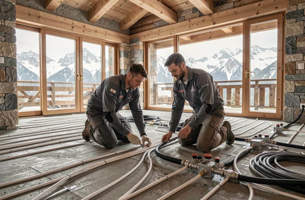 Techniciens de Savoie Plomberie Chauffage posant un plancher chauffant dans un chalet alpin avec vue sur les montagnes