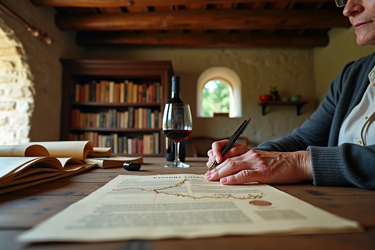 Mains d'une viticultrice bordelaise signant des documents de cession de propriété viticole dans un bureau de chai en pierre
