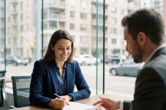 Femme signant un contrat immobilier avec un agent dans une agence moderne en ville