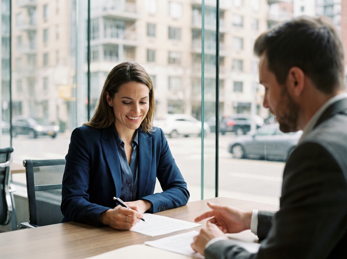 Femme signant un contrat immobilier avec un agent dans une agence moderne en ville