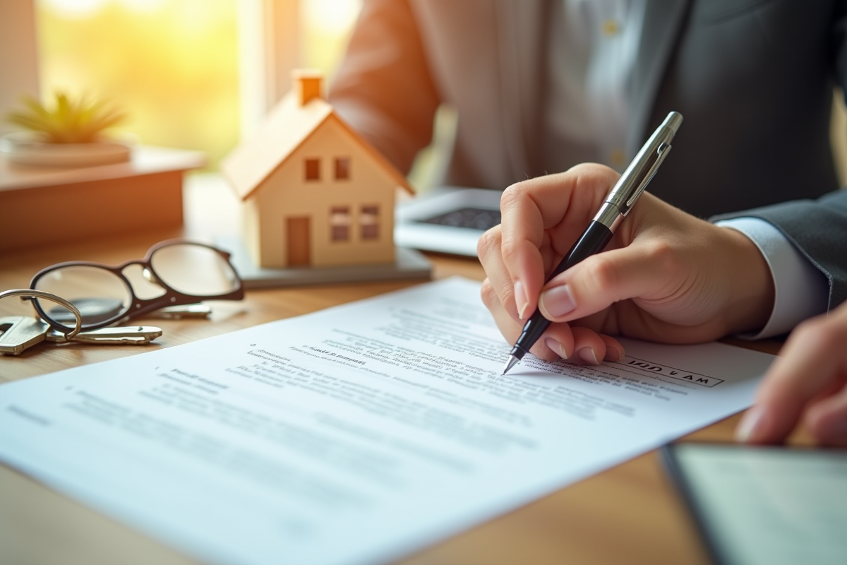 Main signant un contrat de prêt immobilier avec une maison miniature