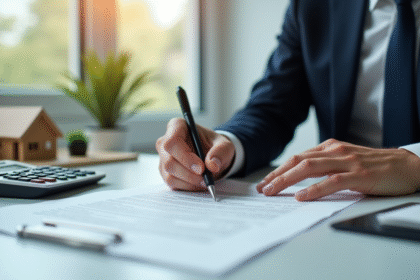 Professionnel signant un contrat de prêt immobilier dans un bureau lumineux