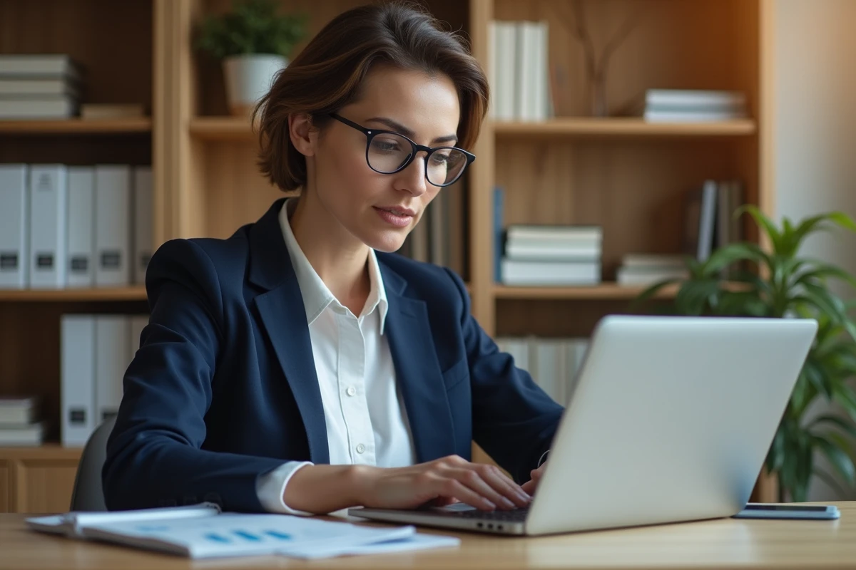 Femme professionnelle analysant des simulations de rentabilité locative sur ordinateur dans un bureau moderne