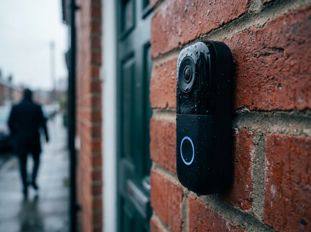 Gros plan d'une sonnette caméra connectée sur une façade en brique, symbolisant la surveillance passive et les risques pour la vie privée