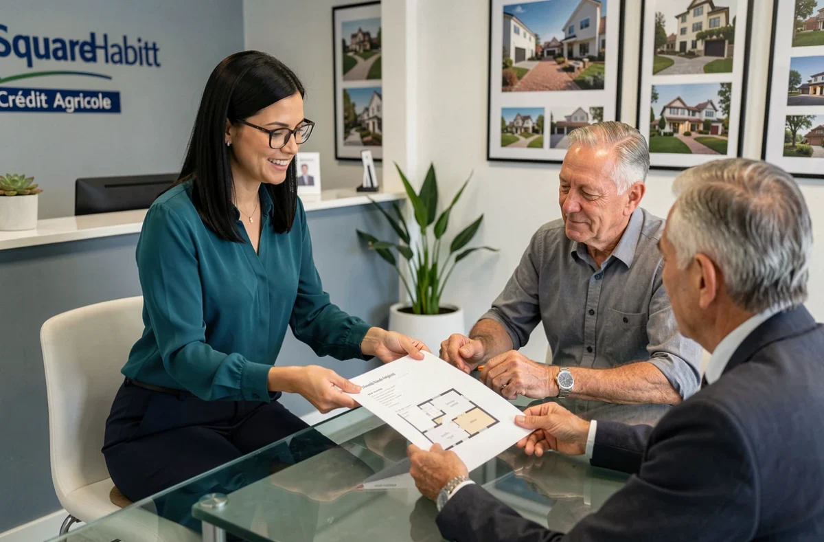 Agente Square Habitat présentant un plan de bien immobilier à un couple dans l'agence