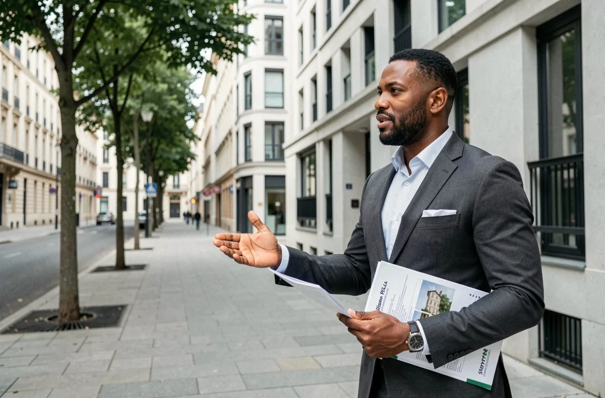 Agent Stéphane Plaza Immobilier Bourges en costume devant un immeuble urbain tenant des annonces immobilières