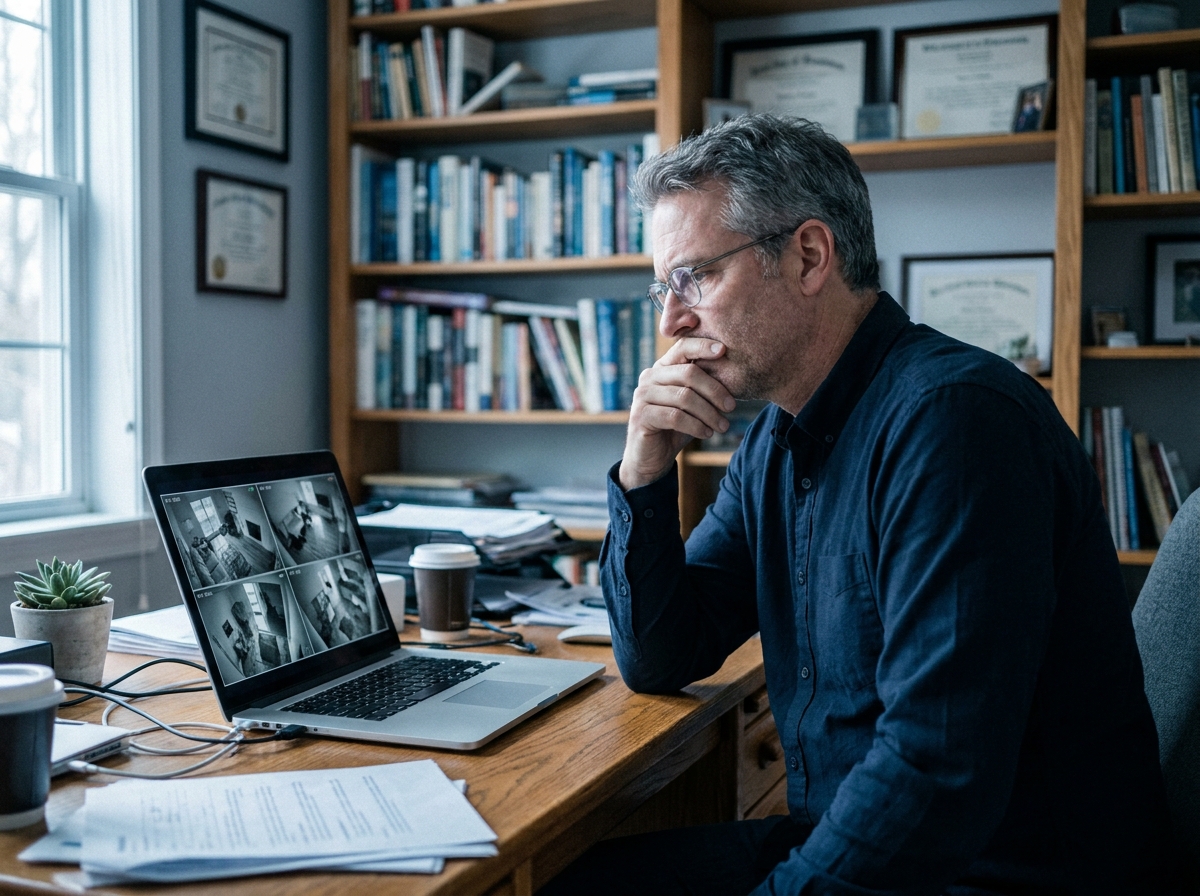 Homme perplexe devant un écran affichant les flux de ses caméras de surveillance domestiques, soulevant des questions sur la confidentialité des données