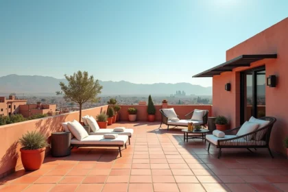Terrasse moderne d'un appartement à vendre à Guéliz Marrakech avec vue panoramique sur la ville et l'Atlas