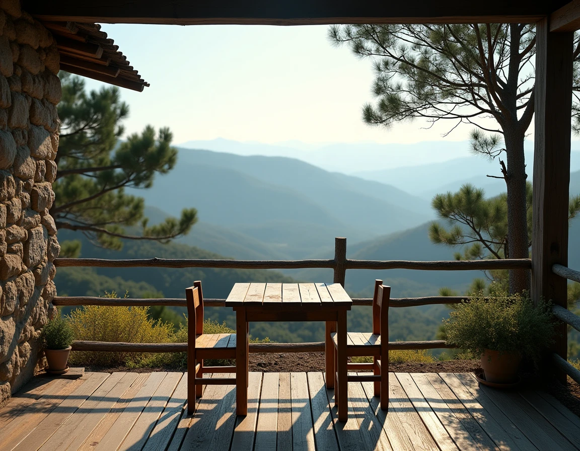 Terrasse en bois d'une maison isolée dans le Cantal avec vue panoramique sur la vallée et la forêt