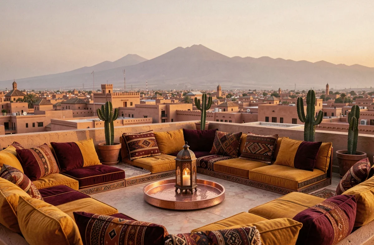 Terrasse de villa de luxe à Marrakech avec vue sur la médina et l'Atlas, aménagée pour location saisonnière haut de gamme
