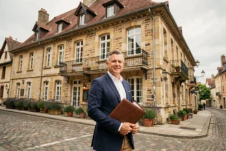 Agent immobilier devant une belle façade en pierre de Bourgogne à Dijon, illustrant le top 10 des agences immobilières en Côte-d'Or 2026