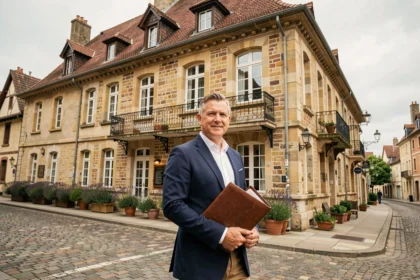 Agent immobilier devant une belle façade en pierre de Bourgogne à Dijon, illustrant le top 10 des agences immobilières en Côte-d'Or 2026