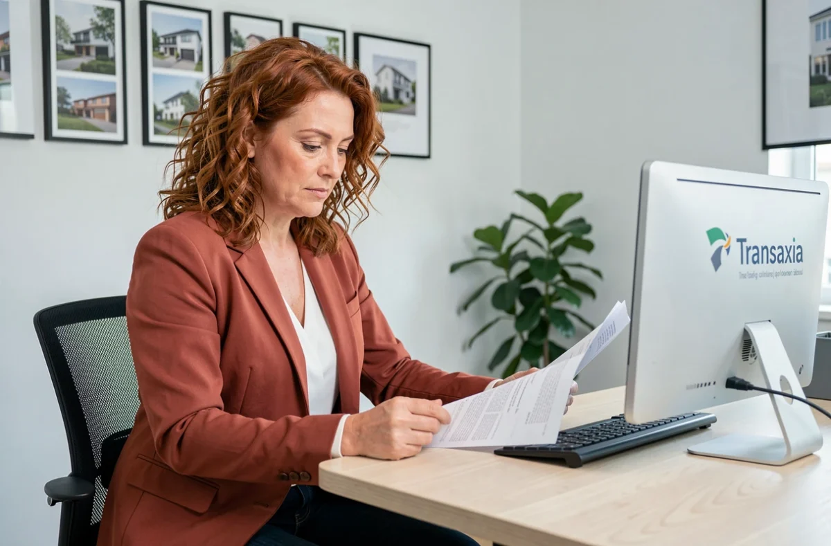 Professionnelle Transaxia immobilier examinant des documents dans un bureau moderne de l'agence