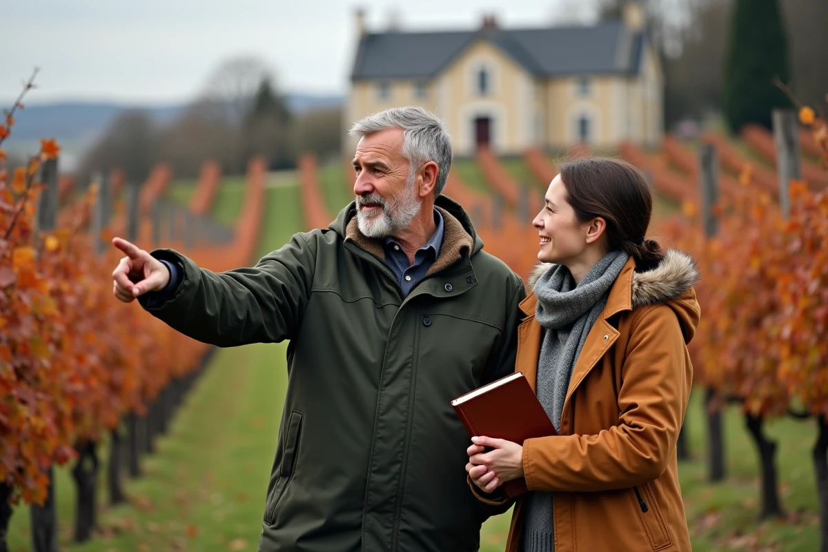 Père et fille discutant de la transmission d'un vignoble bordelais en automne, entre les rangées de vignes dorées