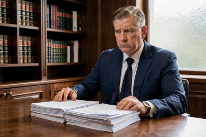 Homme en costume examinant des documents de compromis de vente immobilier dans un bureau de notaire