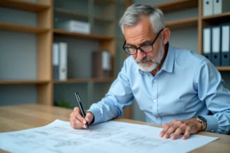 Urbaniste municipal examinant un dossier de certificat d'urbanisme opérationnel sur son bureau dans une mairie