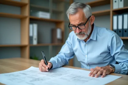 Urbaniste municipal examinant un dossier de certificat d'urbanisme opérationnel sur son bureau dans une mairie