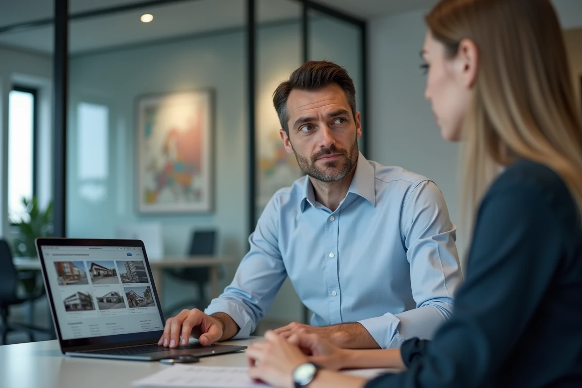 Premier vendeur immobilier en rendez-vous avec un agent consultant un outil d'estimation en ligne