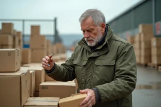 Homme inspectant le contenu d'un box abandonné lors d'une vente aux enchères en plein air en France