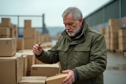 Homme inspectant le contenu d'un box abandonné lors d'une vente aux enchères en plein air en France