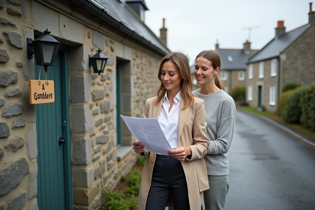 Agent immobilier et acheteuse consultant un dossier devant une maison de pêcheur bretonne à vendre
