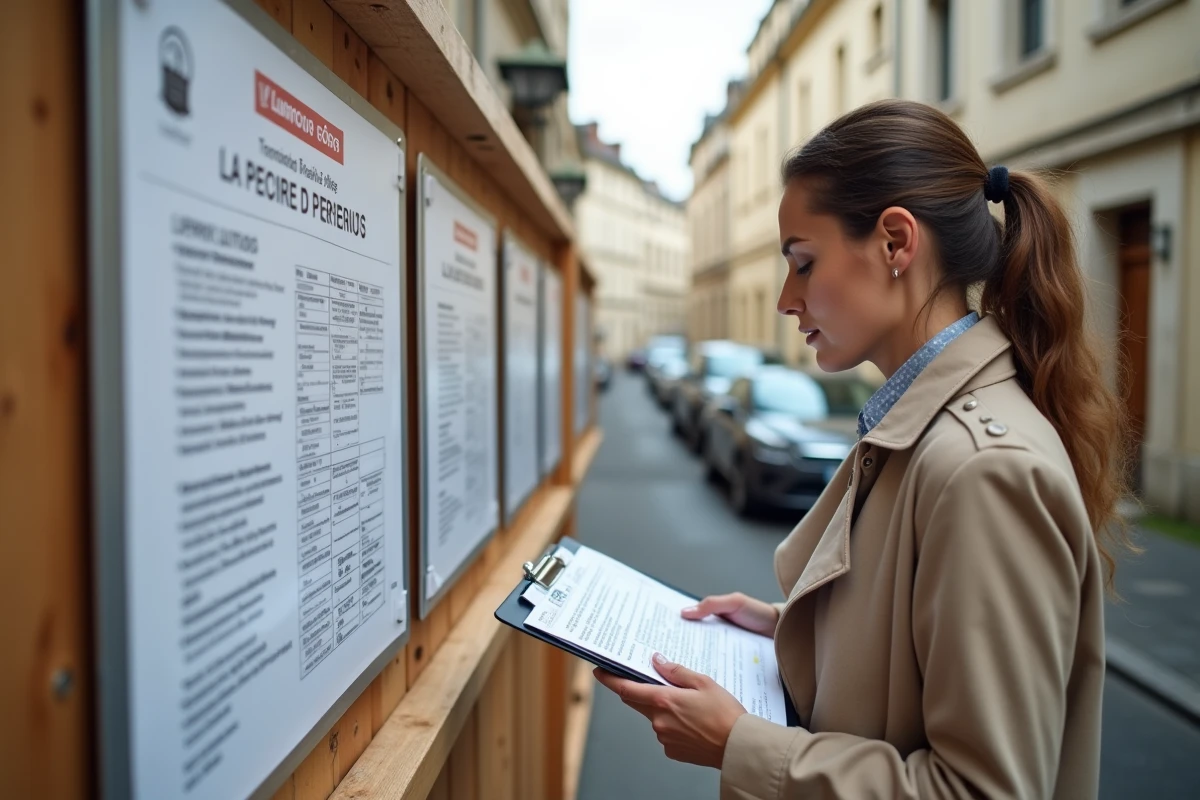 Femme vérifiant les mentions légales d'un panneau de permis de construire affichés sur une clôture de chantier