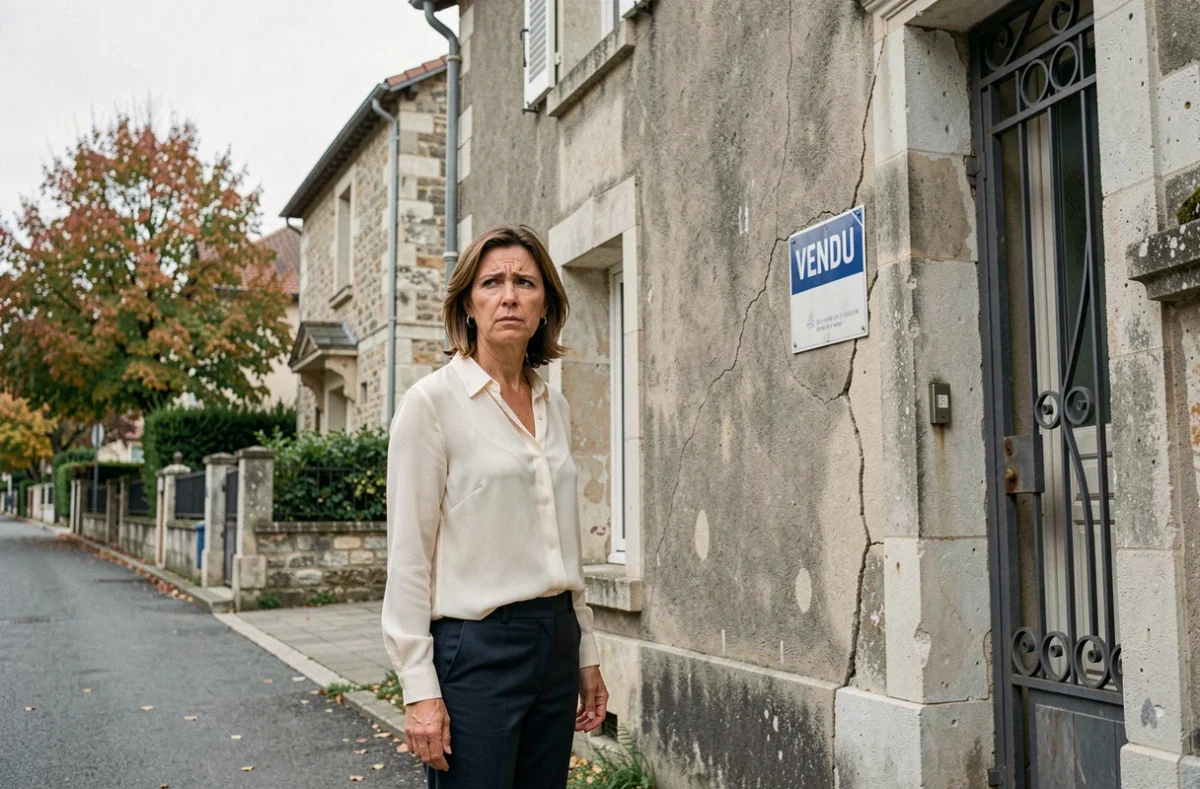 Femme devant une maison vendue présentant des vices cachés avec fissures visibles sur la façade