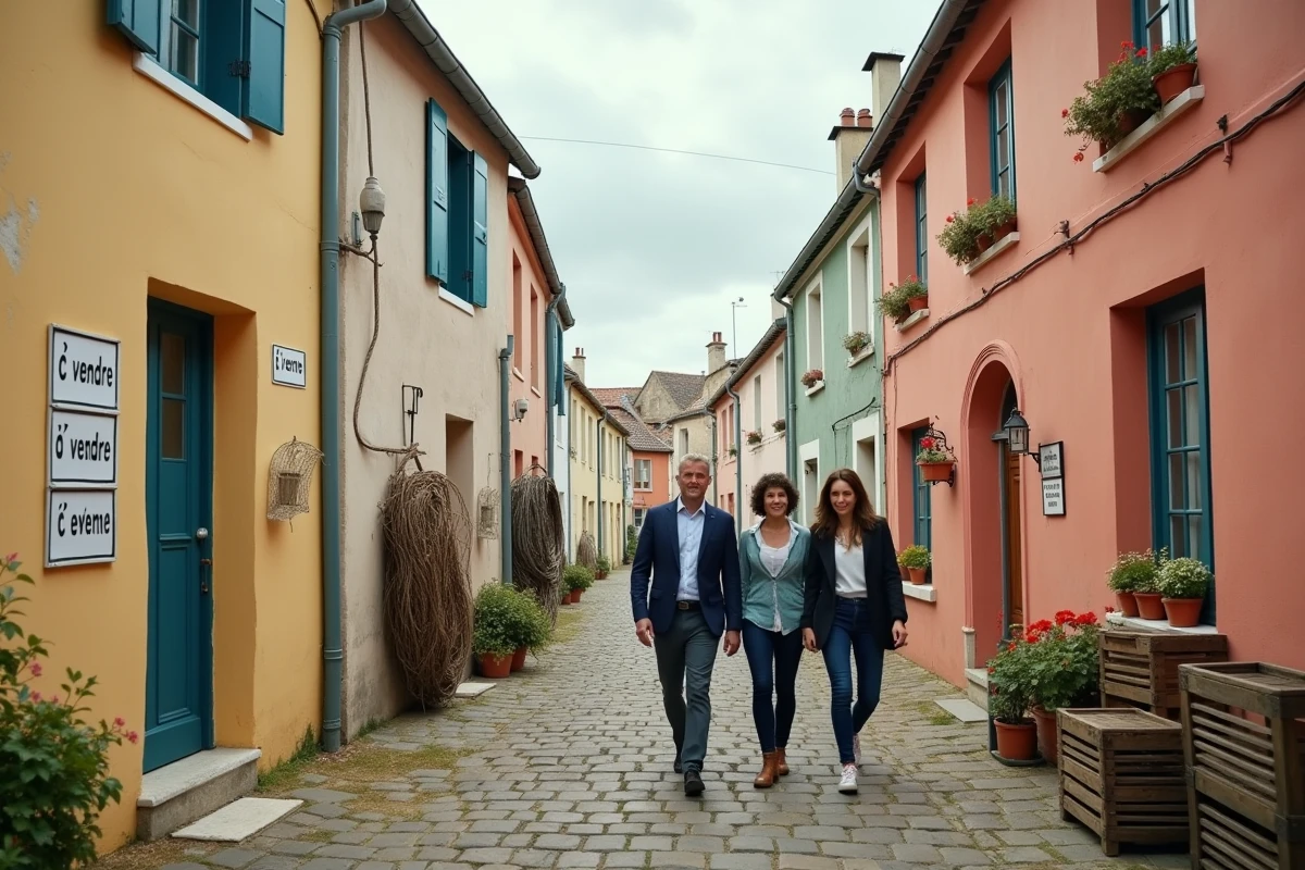 Rue de village côtier avec maisons de pêcheurs colorées à vendre pour résidence secondaire, agent immobilier accompagnant des acheteurs potentiels