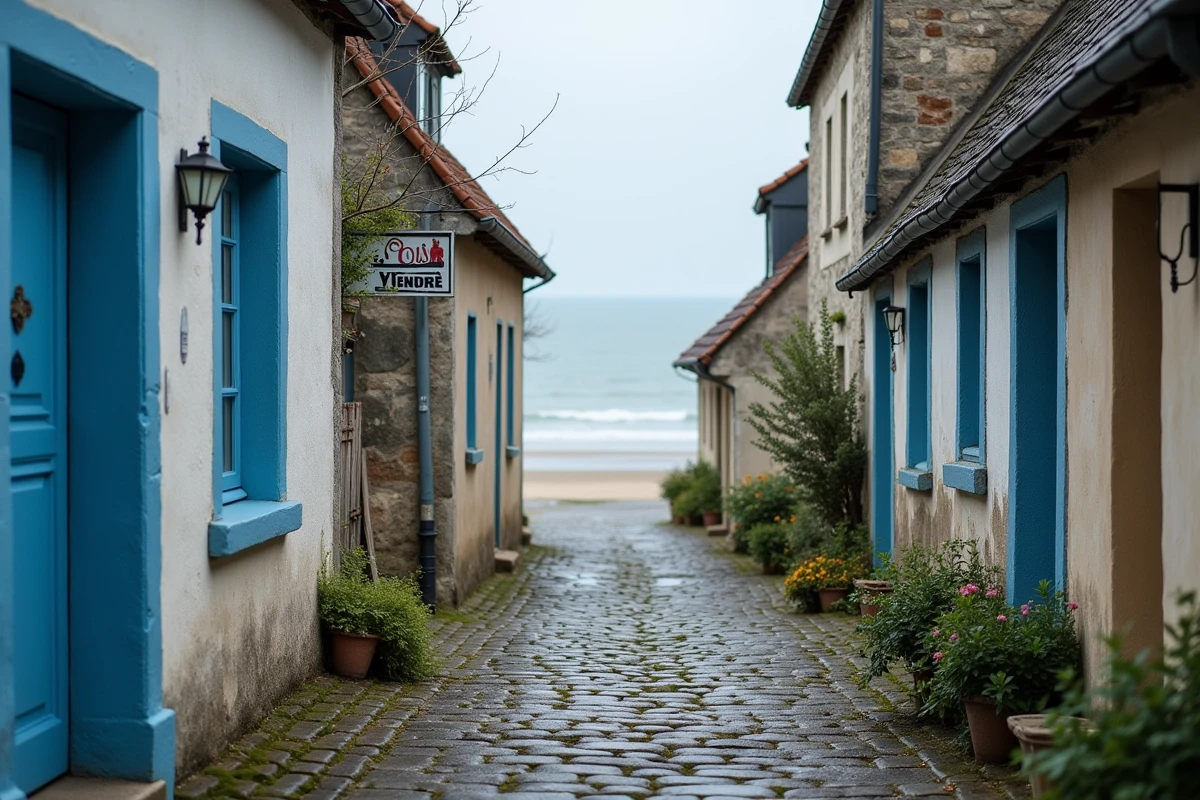 Rue pavée de village normand côtier avec maison à vendre donnant accès direct à la plage