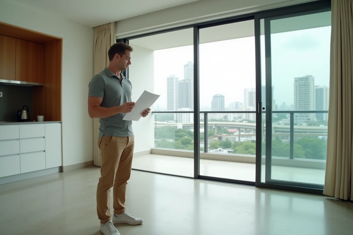 Expatrié inspectant un appartement non meublé à Bangkok avant la signature d'un bail longue durée avec vue sur le Skytrain