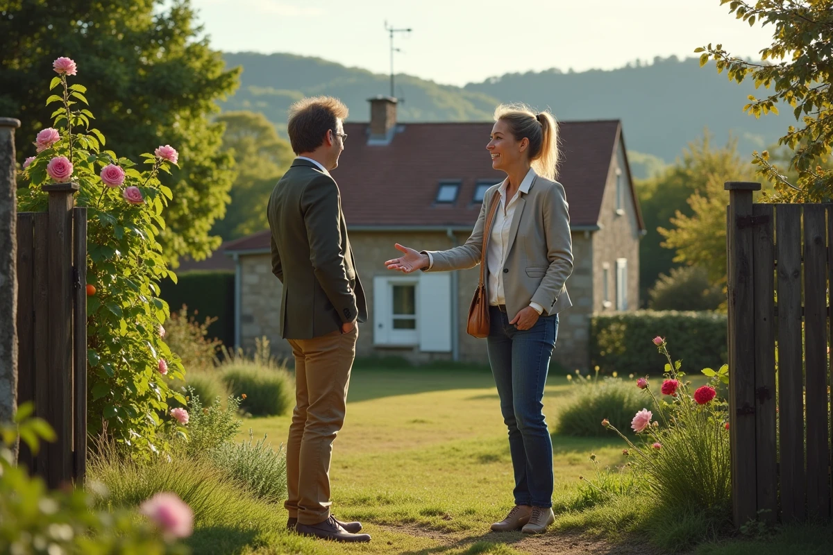 Agent immobilier présentant une petite maison avec jardin à louer dans la campagne du Puy-de-Dôme à un futur locataire
