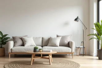 Visite virtuelle d'un salon de location saisonnière moderne avec décoration scandinave et parquet en chêne clair